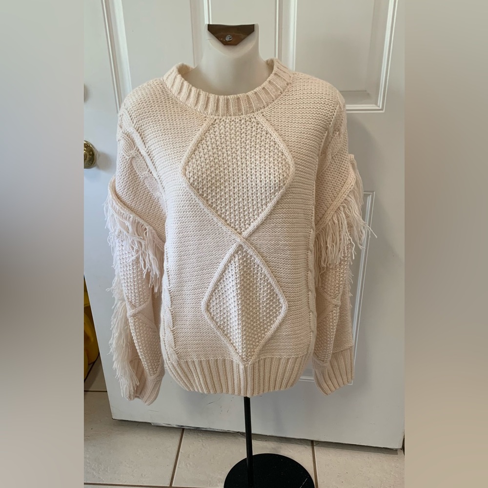 Small Sugar + Lips cream Bowman Fringe Sleeve Cable Knit Sweater.  In EUC!